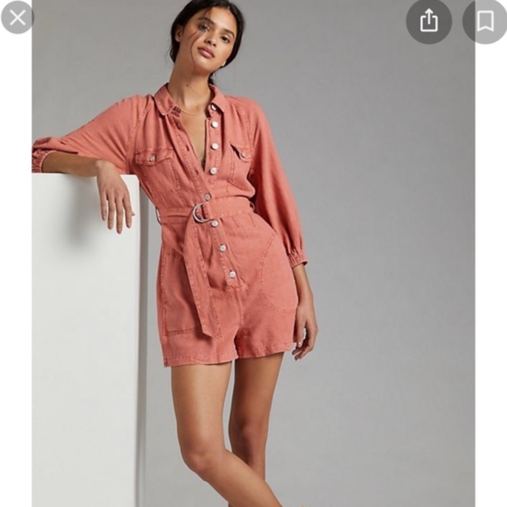 Pilcro Coral Button-Front Belted Romper